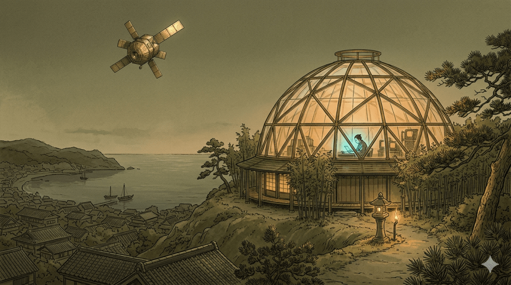 A brass-ribbed crystal dome on a hilltop at dusk